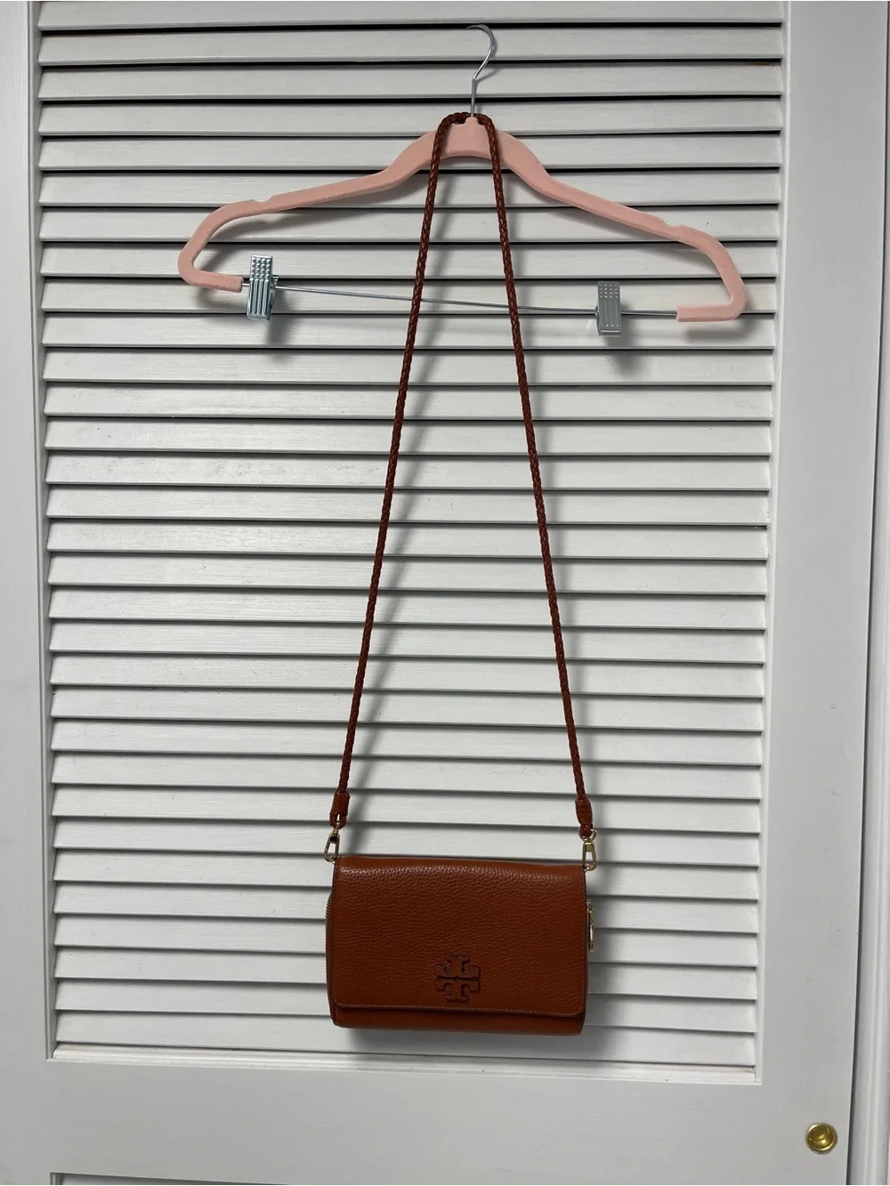Tory Burch Cognac Pebbled Leather Crossbody Bag with Braided Strap